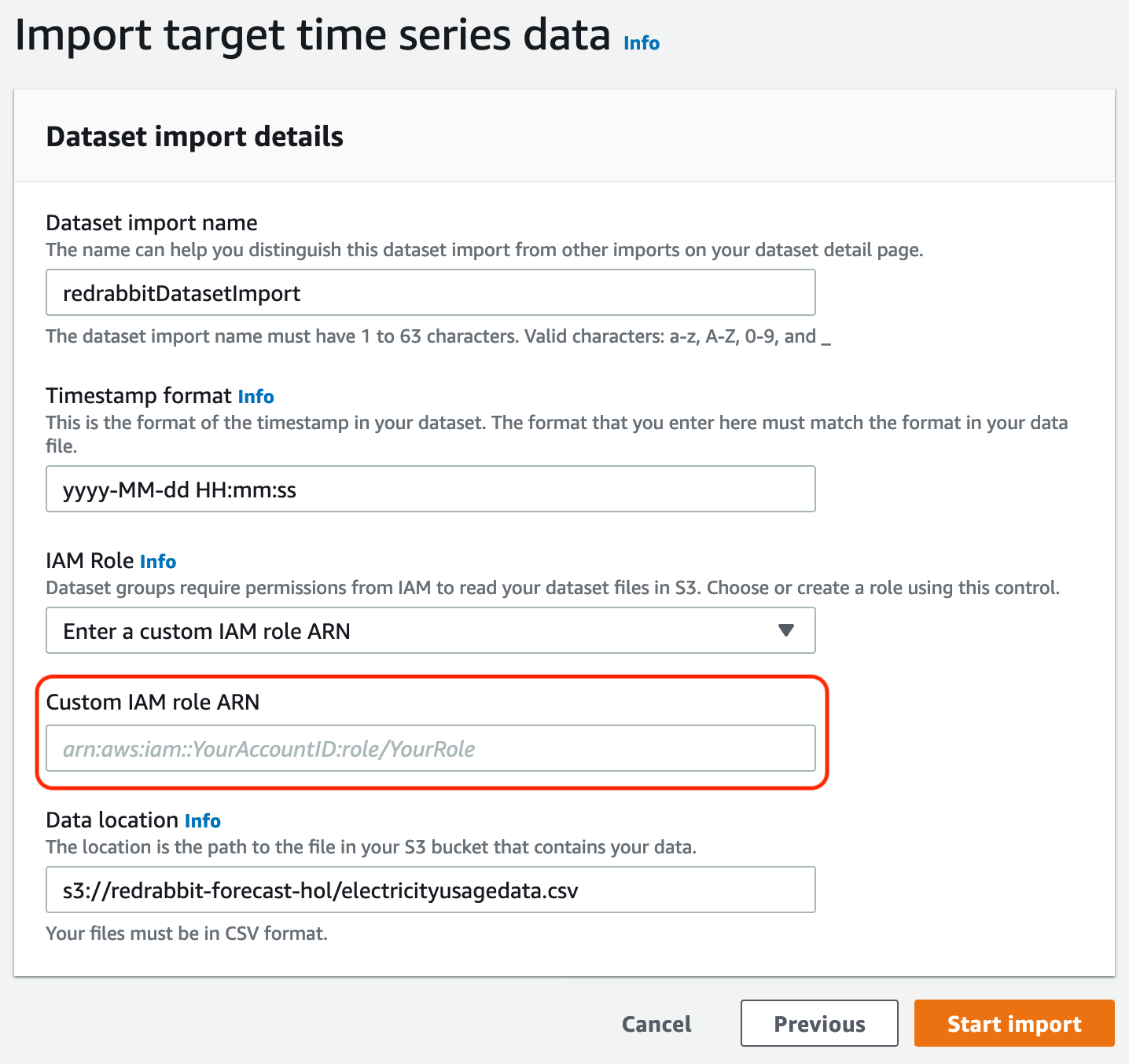 import target time series data - custom iam role arn